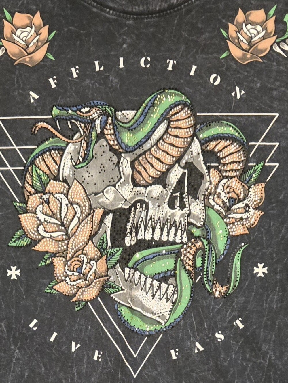 Affliction Black Label Graphic Tee with Green Snake and Peach Roses